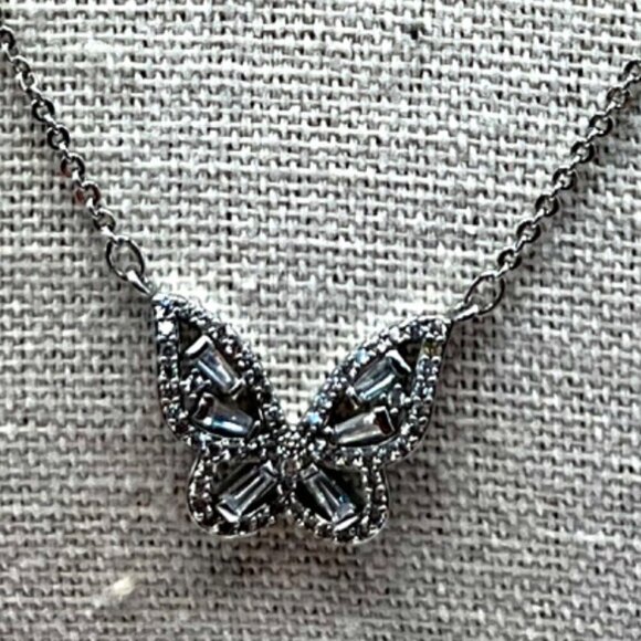 Elegant Butterfly Pendant Necklace With Rhinestones On Silver Tone Chain.  B62 - Picture 2 of 9